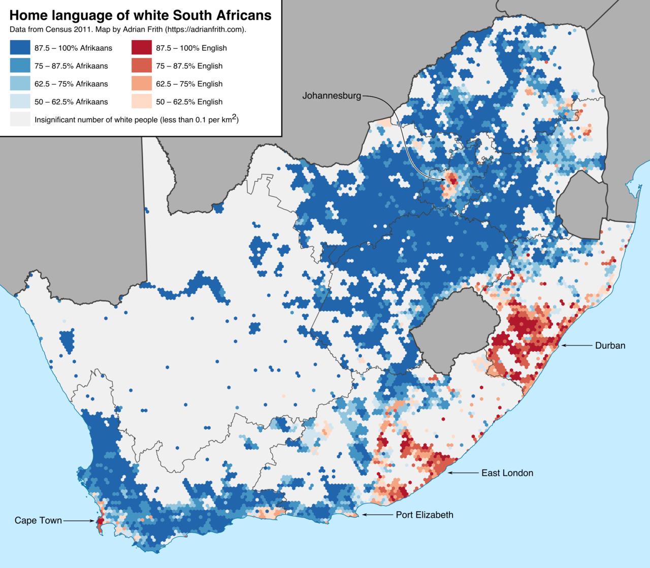 Mapa językowa RPA (Republika Południowej Afryki), na podstawie spisu ludności (cenzus) z 2011 roku