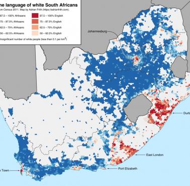 Mapa językowa RPA (Republika Południowej Afryki), na podstawie spisu ludności (cenzus) z 2011 roku