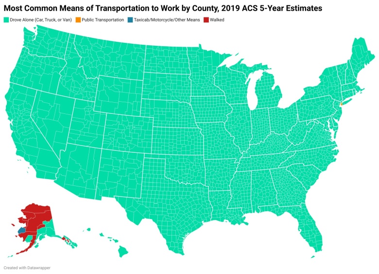 Najpopularniejsze środki transportu do pracy według hrabstw w USA, badanie ACS, 2019