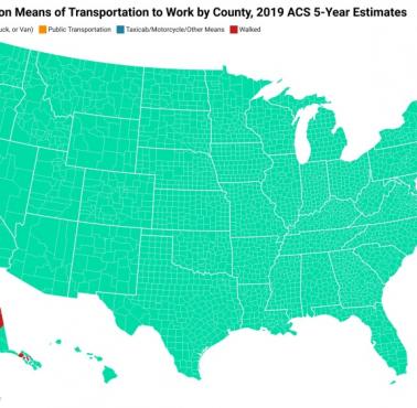 Najpopularniejsze środki transportu do pracy według hrabstw w USA, badanie ACS, 2019