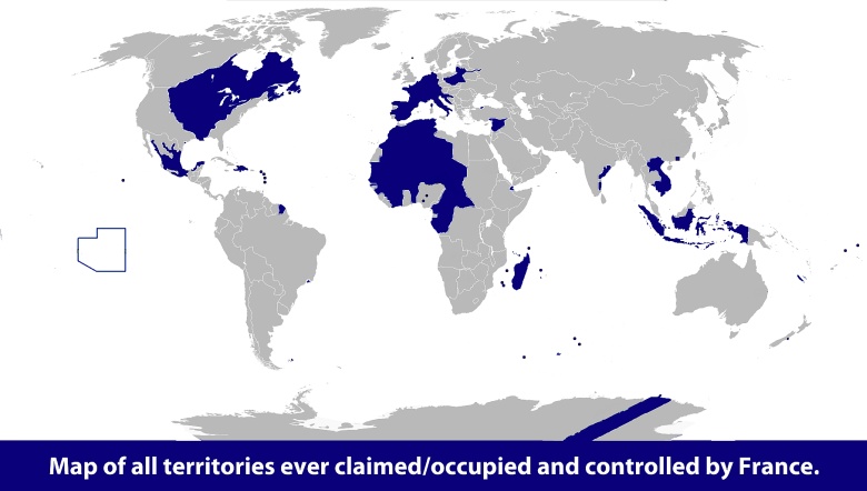 Mapa wszystkich terytoriów kiedykolwiek roszczonych, kontrolowanych i okupowanych przez Francję w całej historii