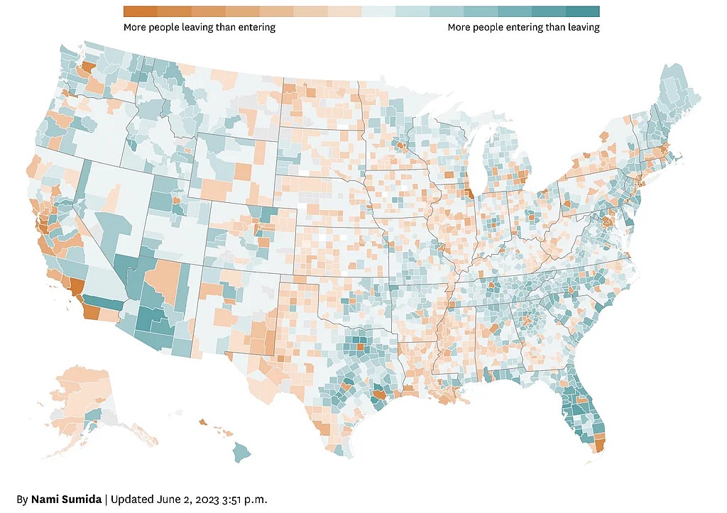 Migracja netto w USA według hrabstw, 2023