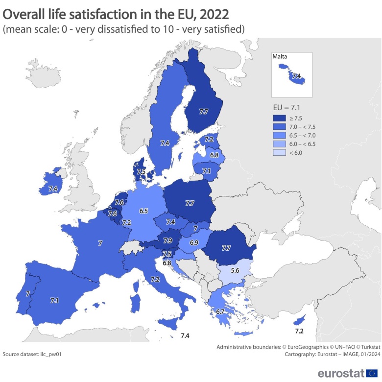 Mapa satysfakcji z życia mieszkańców poszczególnych krajów Europy, 2022