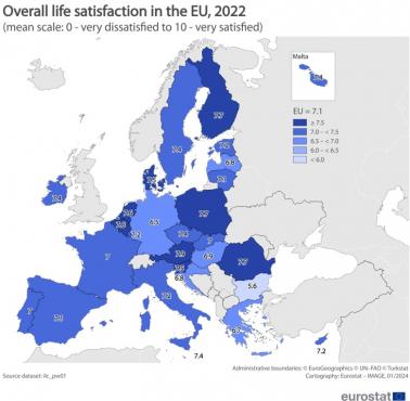 Mapa satysfakcji z życia mieszkańców poszczególnych krajów Europy, 2022