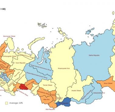 Współczynnik otyłości Rosji z podziałem na największe jednostki administracyjne, 2018