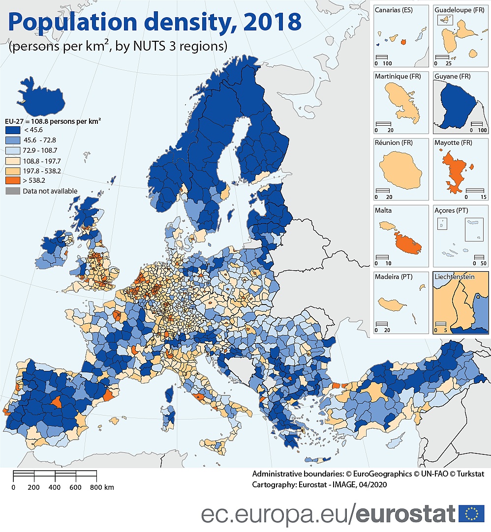 Gęstość zaludnienia Europy, 2018