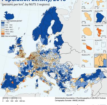 Gęstość zaludnienia Europy, 2018