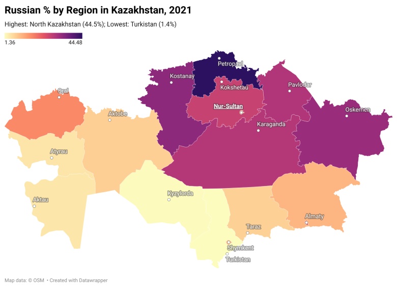 Stale topniejąca mniejszości rosyjska w Kazachstanie oraz obszary jej występowania, 2021
