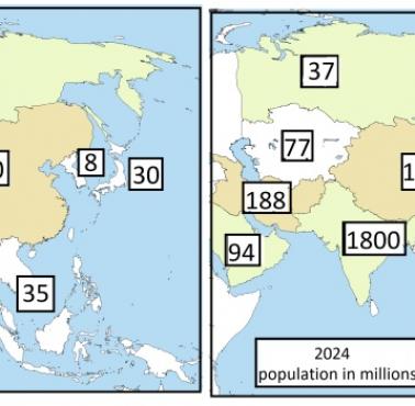 Wzrost liczby ludności w regionach Azji w latach 1800-2024