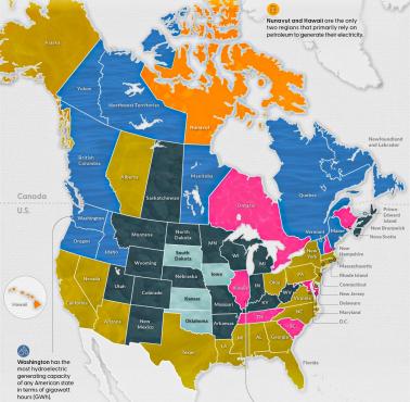 Największe źródła energii elektrycznej według stanu i prowincji, USA, 2021
