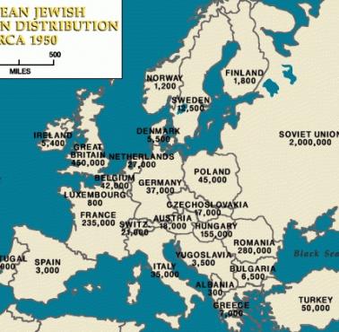Populacja Żydów w Europie w 1950 roku