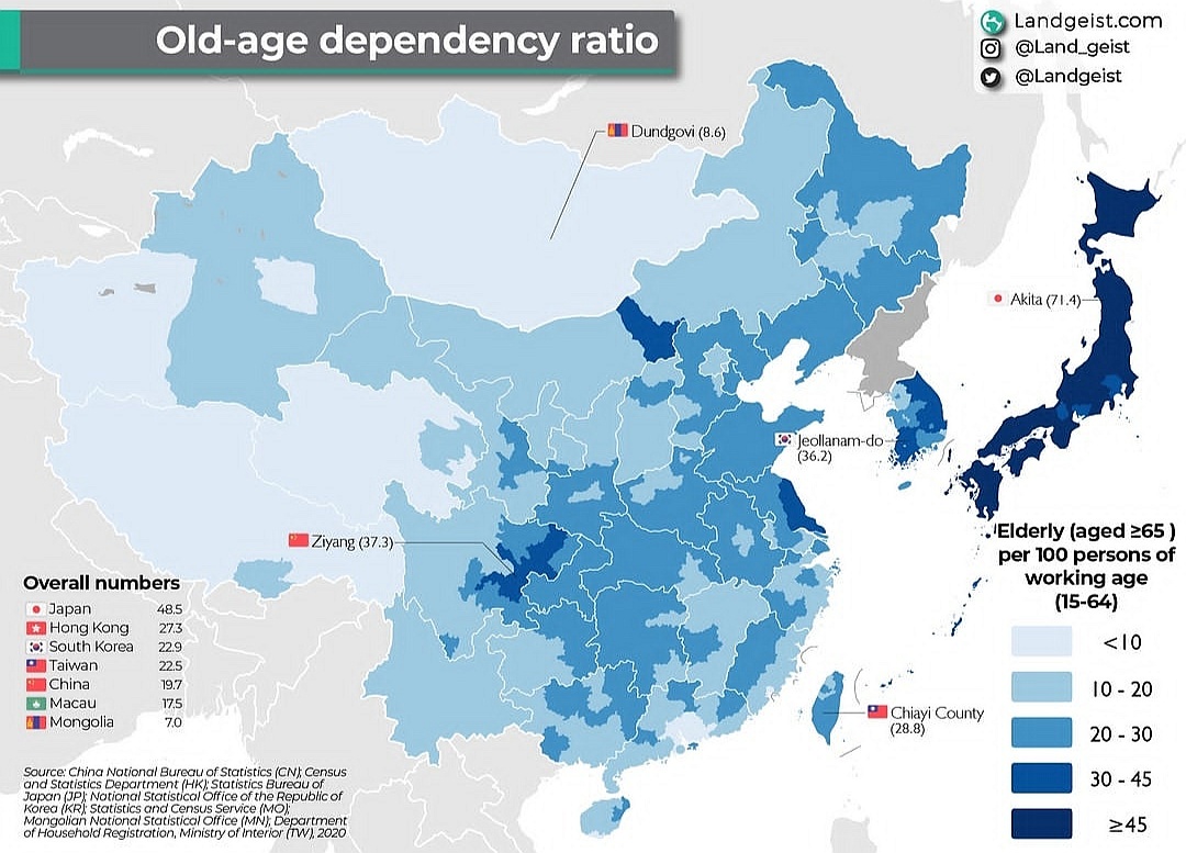 Współczynnik obciążenia demograficznego w krajach Azji Wschodniej, 2020