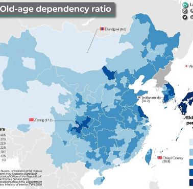 Współczynnik obciążenia demograficznego w krajach Azji Wschodniej, 2020