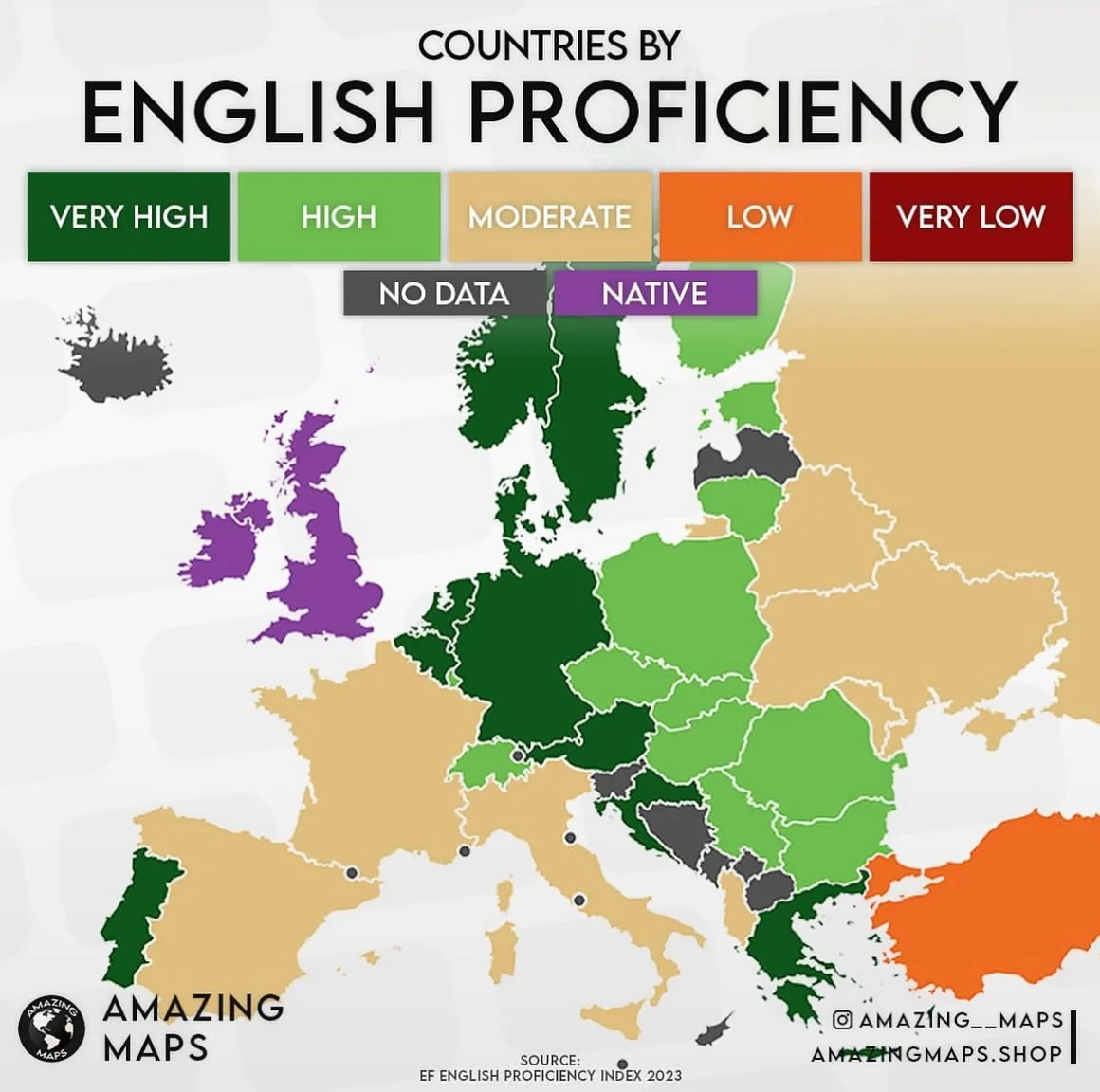 Znajomość angielskiego w Europie, World English Proficiency Index, 2023