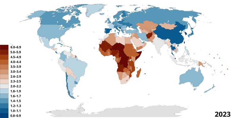 Współczynnik dzietności na świecie w 2023 roku (źródło: Population Reference Bureau)
