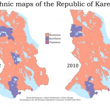 Mapy etniczne Republiki Karelii w 2002 i 2010 roku, zgodnie z ogólnorosyjskimi spisami ludności