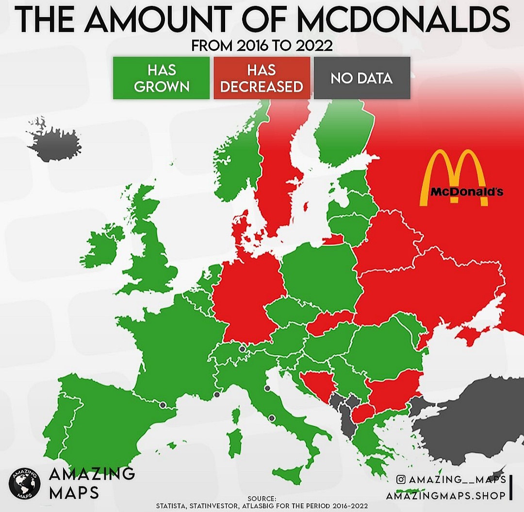 Gdzie ubyło barów McDonalds w latach 2016-2022 w Europie?