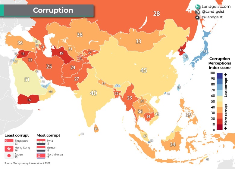 Wskaźnik postrzegania korupcji (Corruption Perceptions Index) w Azji, 2022