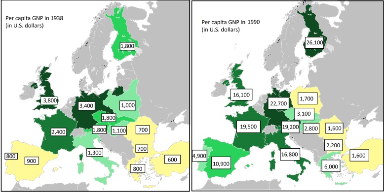 PKB na osobę poszczególnych państw europejskich w 1938 roku i w 1990 roku