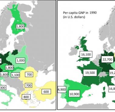 PKB na osobę poszczególnych państw europejskich w 1938 roku i w 1990 roku