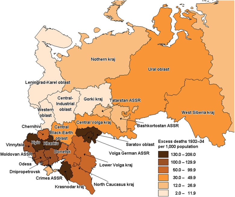 Mapa Wielkiego Głodu w ZSRR w latach 1932-1933