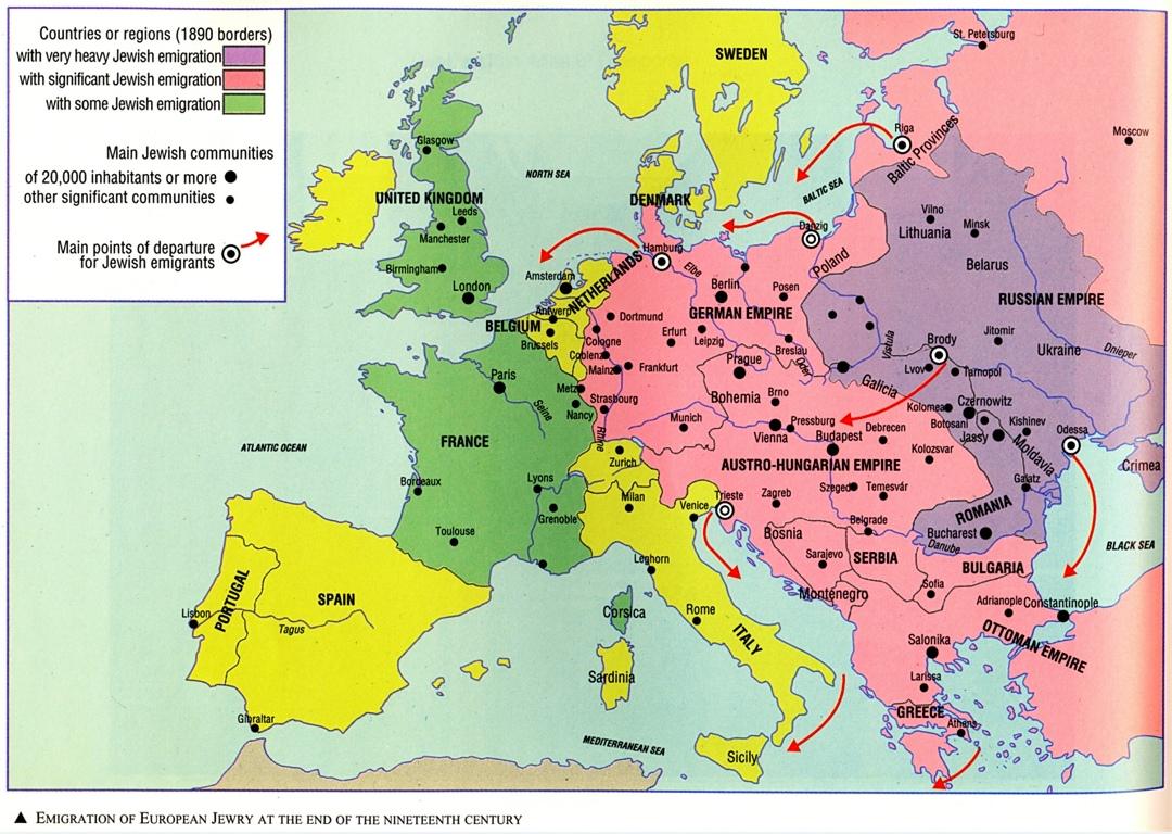 Mapa kierunków emigracji Żydów, 1890