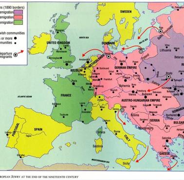 Mapa kierunków emigracji Żydów, 1890