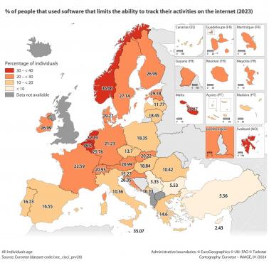 Odsetek Europejczyków, którzy korzystali z oprogramowania ograniczającego możliwość śledzenia ich aktywności w internecie, 2023