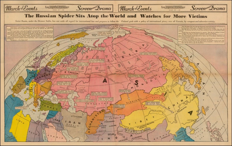 Ekspansja terytorialna i wpływy Rosji (ZSRR). Mapa z 1940 roku przed sojuszem USA-WB z Rosją z 1941 roku