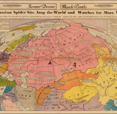 Ekspansja terytorialna i wpływy Rosji (ZSRR). Mapa z 1940 roku przed sojuszem USA-WB z Rosją z 1941 roku