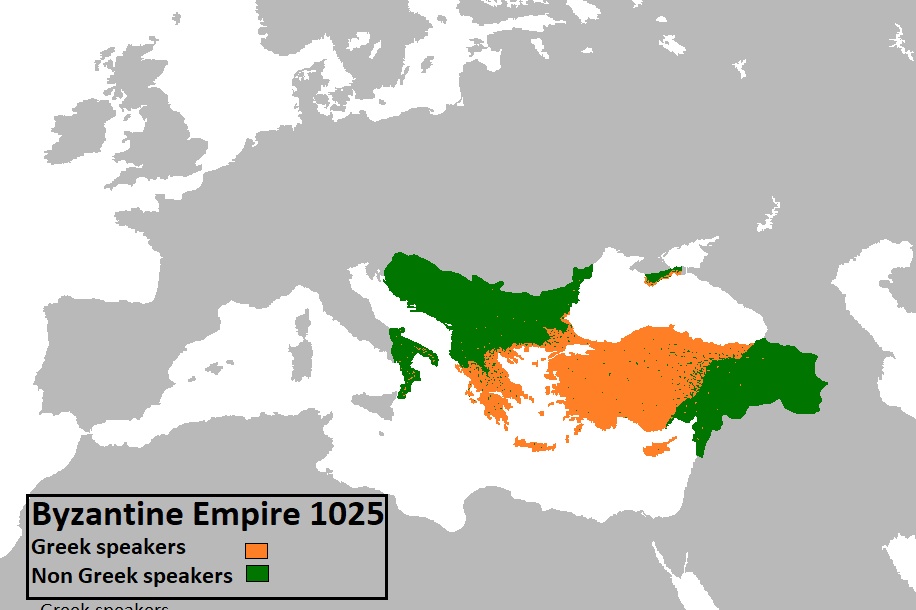 Zasięg Cesarstwa Wschodniorzymskiego (Cesarstwo Bizantyńskie), 1025 rok z uwzględnieniem języka greckiego