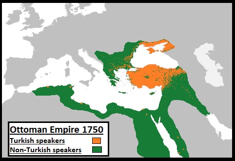 Osoby posługujące się językiem tureckim w Imperium Osmańskim w 1750 r. (dane szacunkowe)
