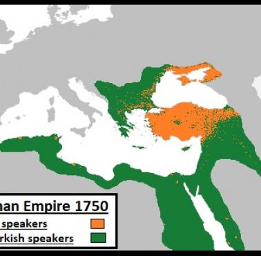 Osoby posługujące się językiem tureckim w Imperium Osmańskim w 1750 r. (dane szacunkowe)