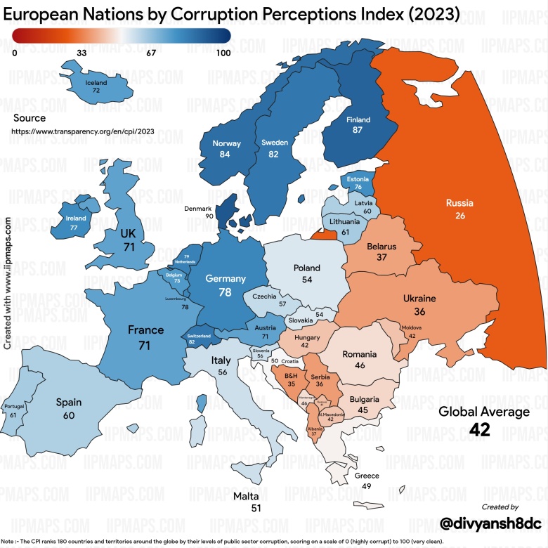 Wskaźnik postrzegania korupcji (Corruption Perceptions Index) w Europie, 2023