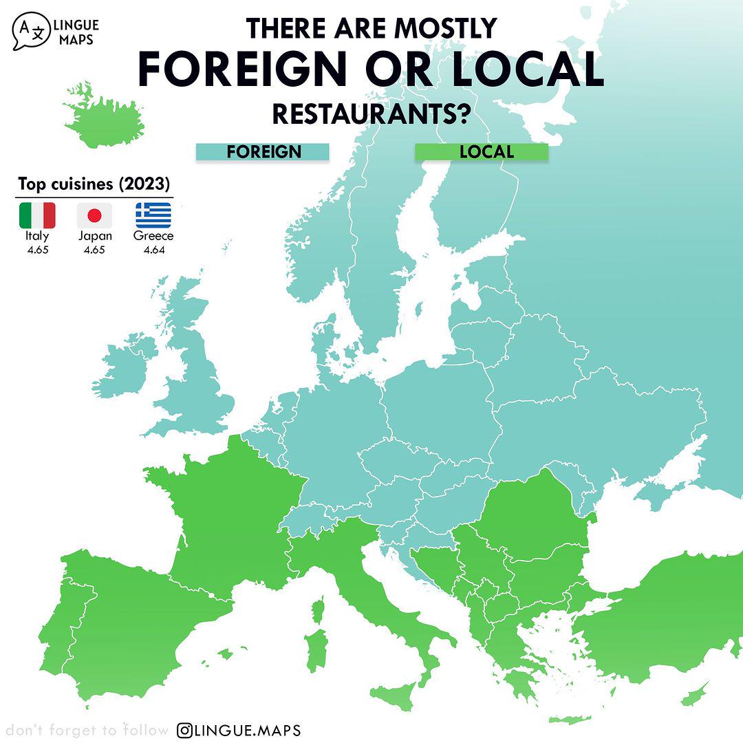 Mapa pokazuje, czy w każdym kraju jest więcej restauracji lokalnych czy zagranicznych, 2023