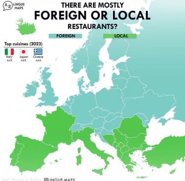 Mapa pokazuje, czy w każdym kraju jest więcej restauracji lokalnych czy zagranicznych, 2023