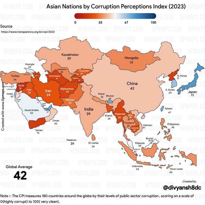 Wskaźnik postrzegania korupcji (Corruption Perceptions Index) w Azji, 2023