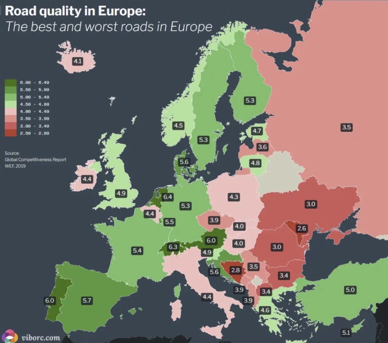 Jakość dróg w Europie, 2019