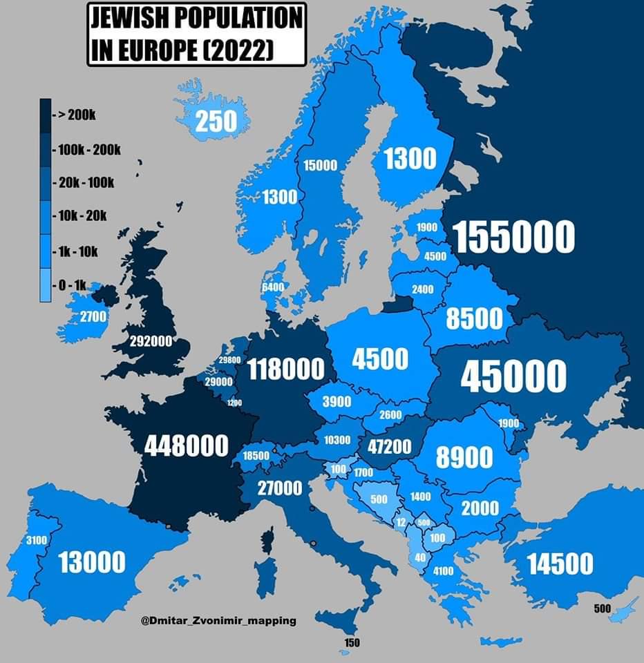 Populacja Żydów w Europie, 2022