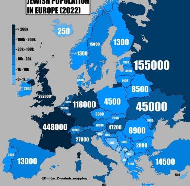 Populacja Żydów w Europie, 2022