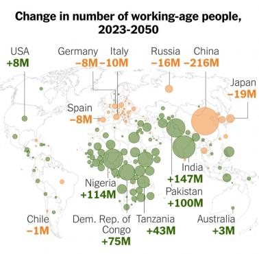 Zmiana liczby osób w wieku produkcyjnym na świecie, prognoza 2023-2050