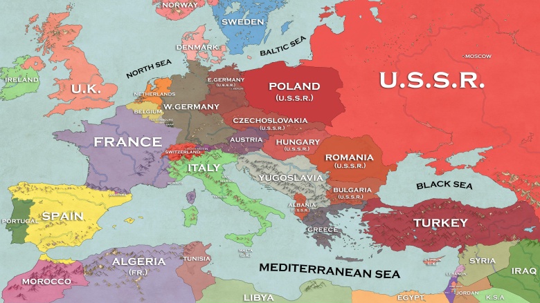 Mapa Europy w 1956 roku z podziałem stref wpływów