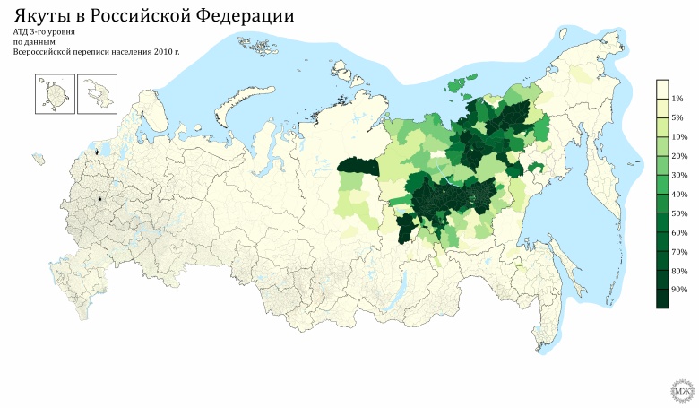 Mapa obszaru zamieszkania etnicznych Jakutów (Sacha) w Rosji, 2010