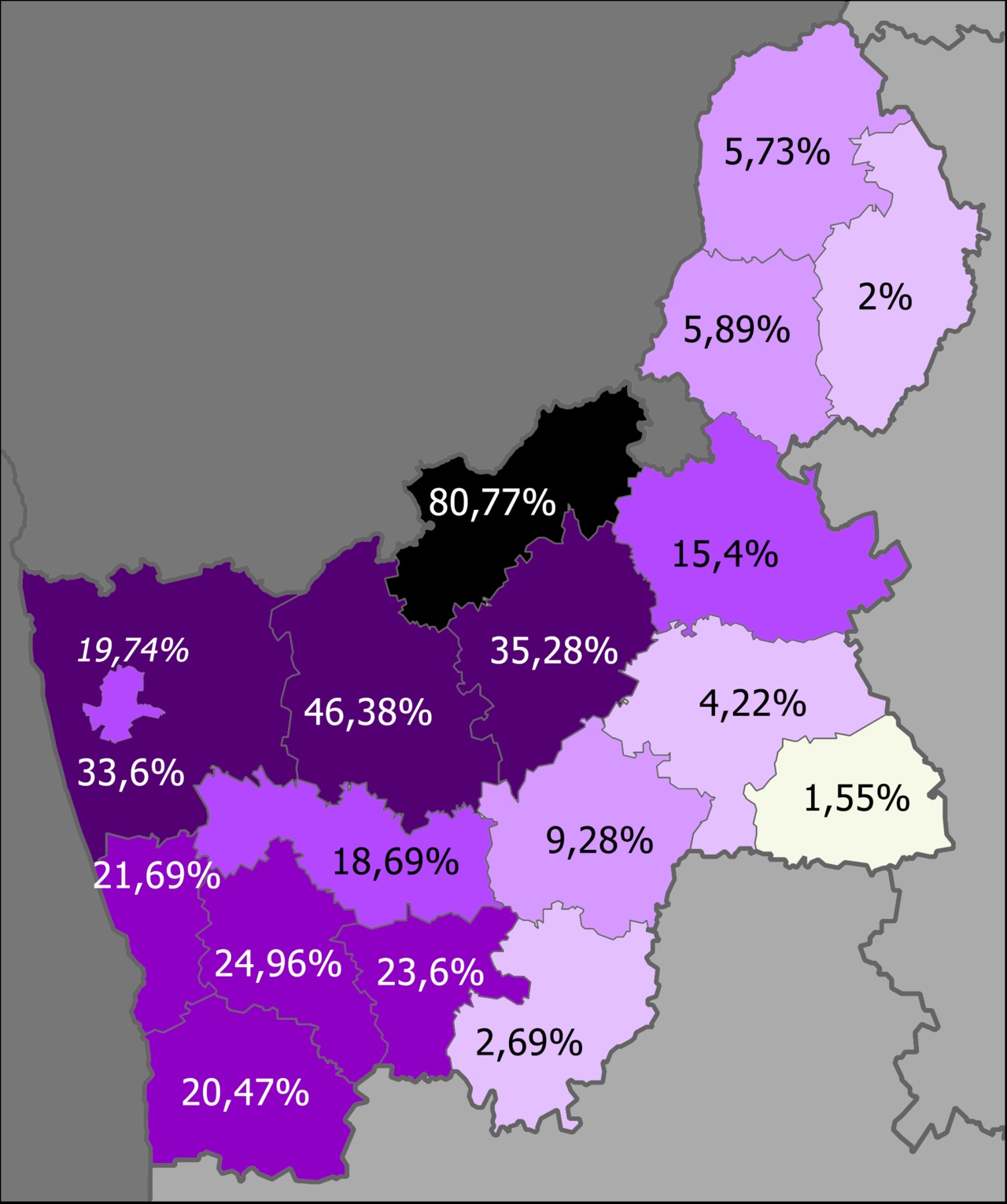 Odsetek etnicznych Polaków w obwodzie grodzieńskim na Białorusi (stan na 2009 r.)