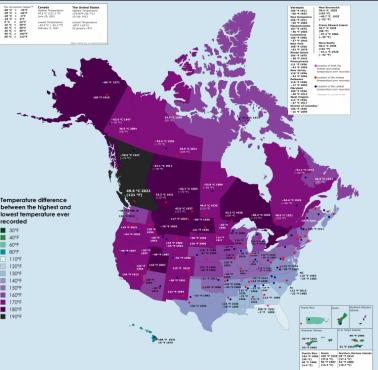 Najniższa i najwyższa odnotowana temperatura w USA i Kanadzie z lokalizacją