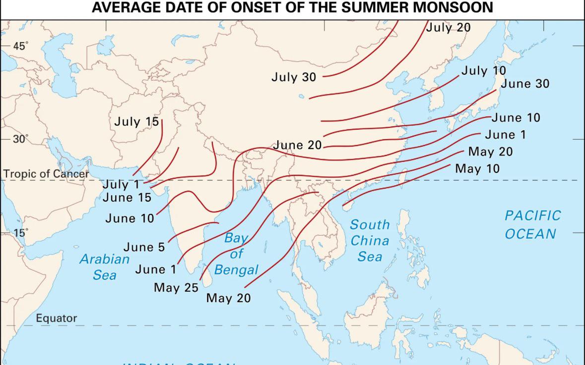 Średnia data początku monsunu w Azji
