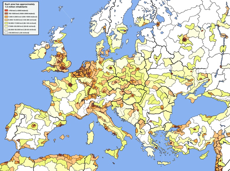 Mapa Europy, na której każdy zaznaczony obszar zamieszkuje 1,5 miliona mieszkańców