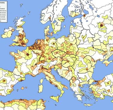 Mapa Europy, na której każdy zaznaczony obszar zamieszkuje 1,5 miliona mieszkańców