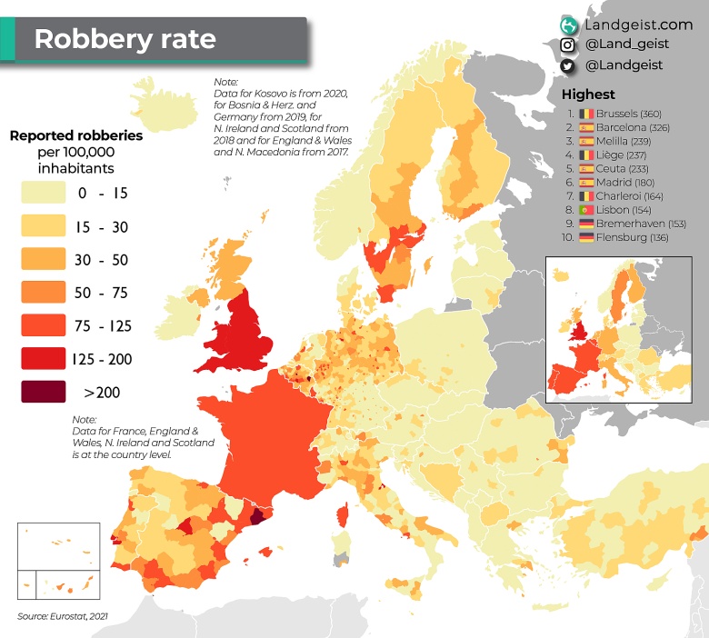 Wskaźnik napadów rabunkowych w poszczególnych krajach Europy na 100 tys. mieszkańców, Eurostat 2021