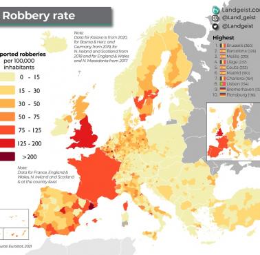 Wskaźnik napadów rabunkowych w poszczególnych krajach Europy na 100 tys. mieszkańców, Eurostat 2021